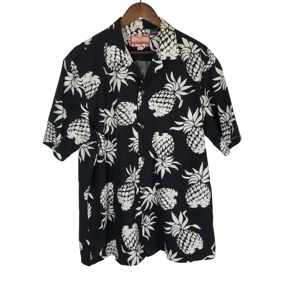 Vintage RJC Shirt Mens XL Black Pineapple Hawaiian Aloha Short‎ Sleeve Button